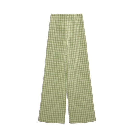 NEW ZARA Gingham Green White Wide-Leg High Rise Pant Emily in Paris Parisian XS - Picture 4 of 14